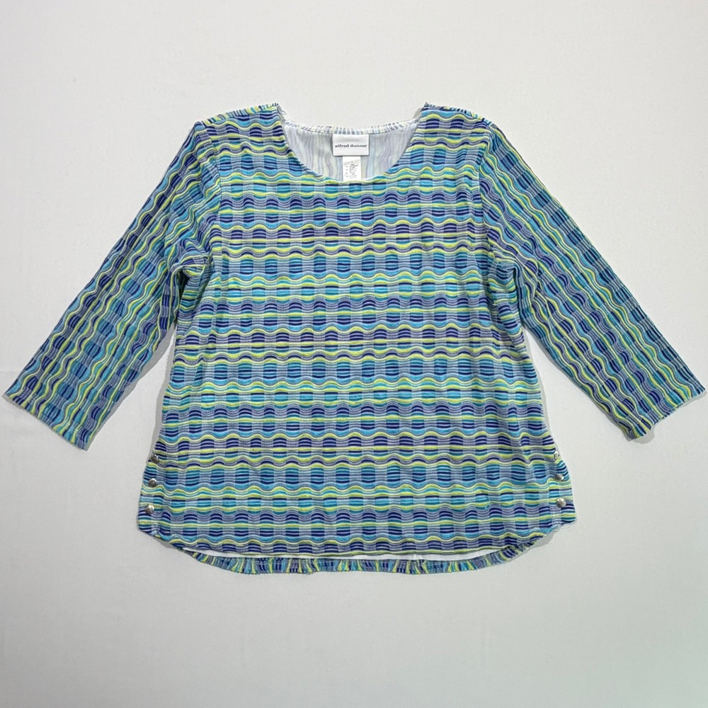 Alfred Dunner‎ Top Womens M Blue Green Knit Stripe Textured Preppy Minimalist